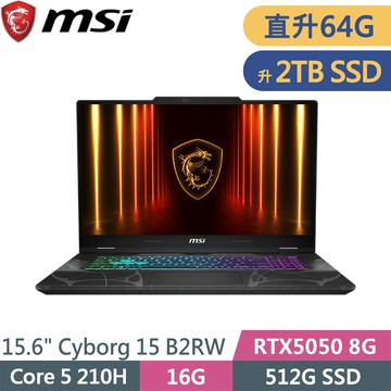 微星 Cyborg 15 B2RWEKG-892TW-SP11 黑(Core 5 210H/16G+48G/2TB SSD/RTX5050 8G/W11/15.6)特仕筆電