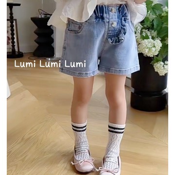 尺寸90 現貨 Lumi小鹿米 🍄🍄 柔軟 棉牛仔荷葉綴飾短褲 夏 女童短褲 女童牛仔短褲 A11