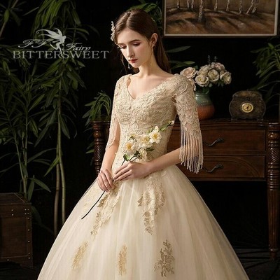 ウェディングドレスvネックカラードレス袖あり床付きタイプaラインロング編み上げタイプ発表会海外挙式ドレス S Xxl シャンパン D 通販 Lineポイント最大get Lineショッピング