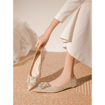 亮片平底單鞋女孕婦婚鞋女禾秀主婚紗兩穿低跟新娘鞋水晶鞋不累腳