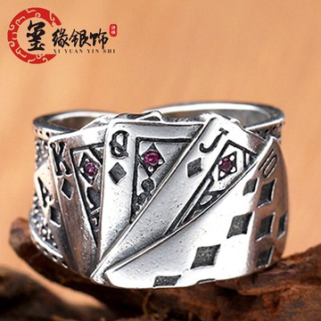 同花順純銀戒指S925純銀復古男女尾戒撲克牌開口賭神賭圣銀戒刻字