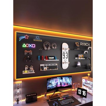 三夢電競房洞洞板置物架墻上電腦桌收納架鐵藝不銹鋼沖孔板掛墻架