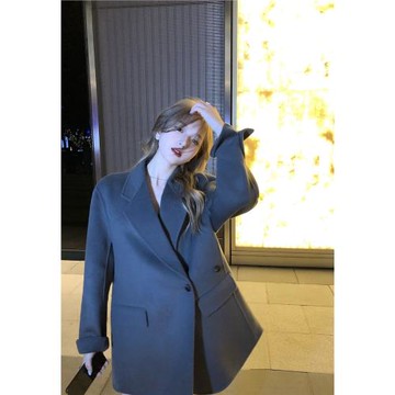 現貨THE HANDLE 格陵綠 全毛手工西裝大衣女冬季寬松毛呢外套