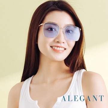 【ALEGANT】時尚格調天青藍幾何線條金色方框墨鏡/UV400太陽眼鏡