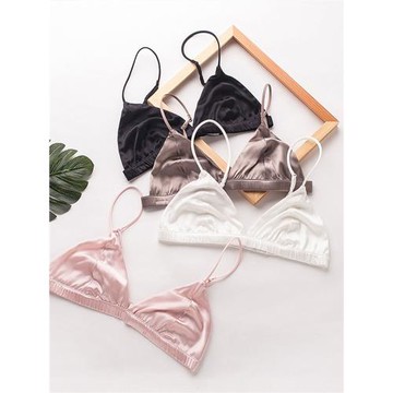 緞面真絲三角杯無鋼圈文胸法式桑蠶絲bra大胸防凸點內衣露背肩帶