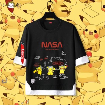 寶可夢nasa宇航員聯名皮卡丘假兩件短袖t恤衫男女兒童5五分袖中袖
