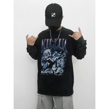 ICC原創動漫全職獵人奇伢經典藍色印花小眾街頭做舊長袖T恤男女潮