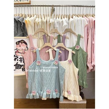 溫柔少女小個子甜美立體花朵毛衣馬甲女減齡針織背心不規則荷葉邊