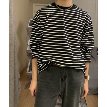 方人也屹黑白條紋t恤男長袖秋季新款休閑寬松韓版潮流體恤打底衫