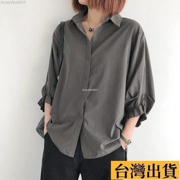 🌈台倉出庫🌈 短袖襯衫 襯衫女 短袖上衣 燈籠袖 襯衫女春夏季新款中袖女上衣寬鬆大碼薄款 七分袖上衣 薄襯衫 女裝短