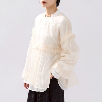 QUEENSHOP_F 荷葉澎袖傘襬造型透紗上衣 兩色售 現+預 【01099142】