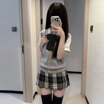 WYZ夏日穿搭 日系JK制服套裝灰色針織馬甲軟妹背心開衫格裙襯衫學院上衣ins