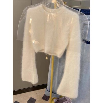 白色馬海毛軟糯慵懶風短款毛衣女秋裝2024新款喇叭袖高腰針織上衣