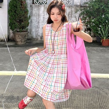 韓系夏日彩色格子連衣裙洋裝(預購)vic005377