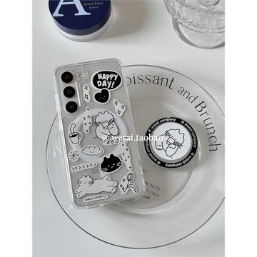 WASAI哇噻 韓國ins小眾可愛貓咪涂鴉插畫適用三星s23ultra手機殼s24磁吸支架s25ultra新款透明全包防摔女s22+