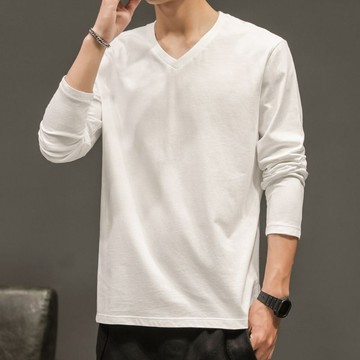 男士長袖t恤V領純色上衣服體桖情侶裝純棉打底衫春季男裝潮流秋衣