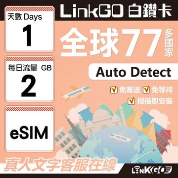 LINKGO白鑽卡 全球77國 eSIM卡 1天上網卡 每日2GB(全球網卡 亞洲 歐洲 美洲 大洋洲 非洲)