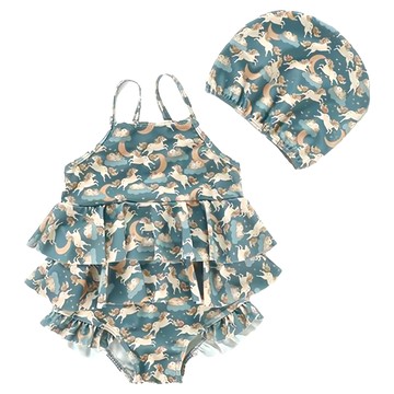 愛北鼻 INS 女童泳衣 吊帶連體泳衣 + 泳帽  120碼(110~120cm)  藍色飛馬  藍色飛馬 藍色 + 米色