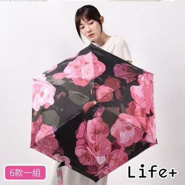 Life+ 花開半夏掌心のミニ守傘輕量220g六折黑膠傘UPF50+/晴雨兩用抗UV傘 6入組