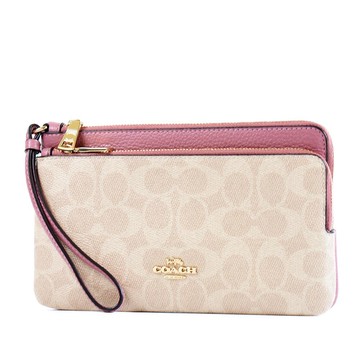 COACH 緹花LOGO防刮皮革大小雙層拉鍊大手拿包-牡丹粉