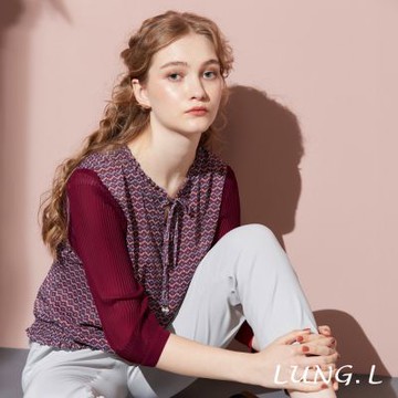 林佳樺LUNG.L 紅色幾何碎花拼接壓褶雪紡七分袖女裝上衣 LT20A