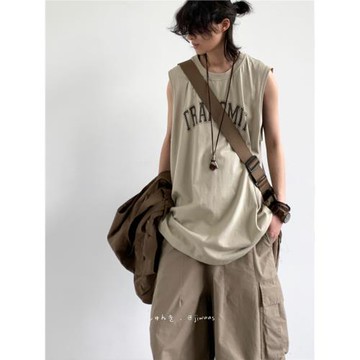 cityboy日系復古印花無袖汗背心男女寬松運動健身透氣美式工裝T恤