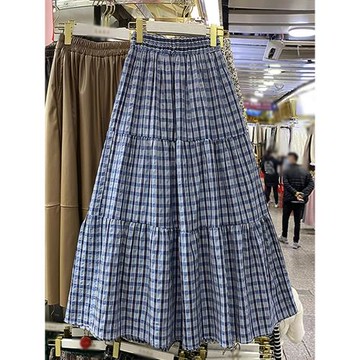 2026春夏新款半身裙韓版清新格子拼接設計感高腰大擺A字裙女205C