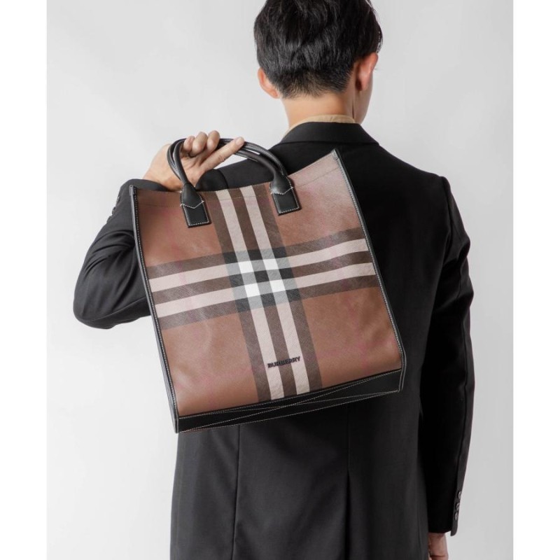 BURBERRY チェック レザー トート ダークバーチブラウン 80491171