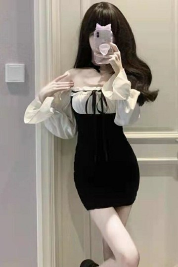 【純欲顯瘦】連衣裙 辣妹裙 包臀裙 一字肩連衣裙 拼接設計 小眾設計感 秋冬新款 御姐氣質 修身顯瘦 派對約會穿搭