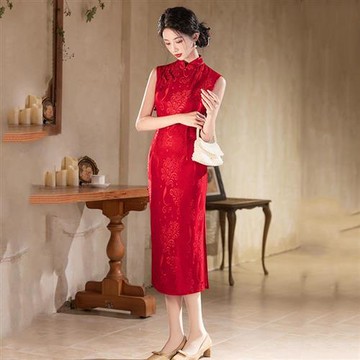 【米蘭精品】現貨+預購 新中式改良旗袍連身裙長裙A字裙百褶裙子大碼洋裝休閒女裝-無袖國風中式新款74mb76