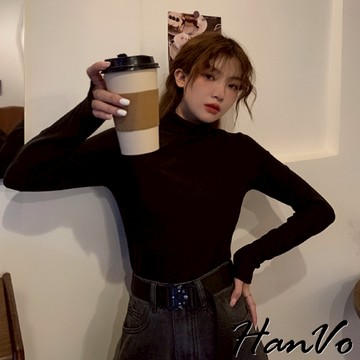 【HanVo】天天出貨 保暖系列 超好搭的半高領牛奶絲磨毛上衣 秋冬純色修身百搭高領打底衫 女生衣著 A02-1635