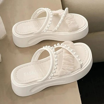 📢賣場新品🚚時尚百搭兩穿涼鞋仙女風新款夏季外穿網紅珍珠鬆糕厚底羅馬沙灘鞋