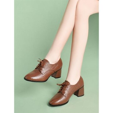 小皮鞋女2025年新款女鞋春季真皮粗跟深口單鞋系帶春秋中跟高跟鞋