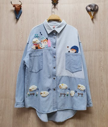 手工刺繡襯衫，棉質，可愛的狐狸與綿羊圖案。