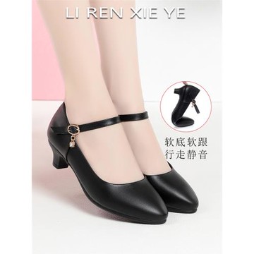 真皮一字扣帶小跟跳舞媽媽鞋單鞋軟底工作鞋女鞋旗袍黑色皮鞋春秋