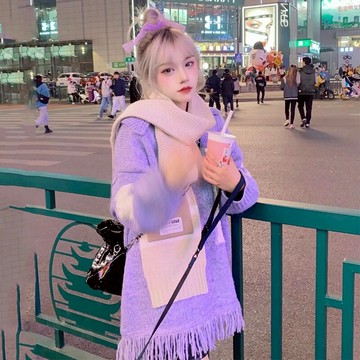 慵懶風小眾高級感紫色流蘇毛衣女2022新款溫柔不規則寬松針織上衣