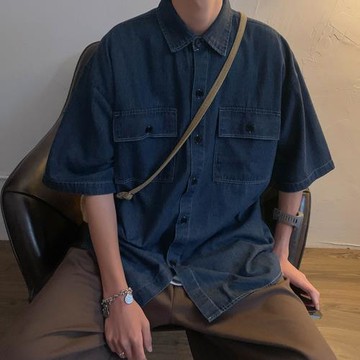 復古純色牛仔短袖襯衫男夏季高街潮牌百搭青少年寬松休閑工裝襯衣