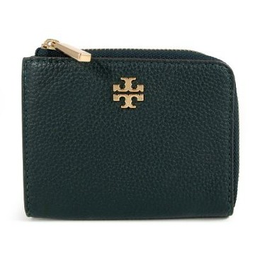 TORY BURCH CARTER 金屬雙T LOGO鵝卵石紋皮革L型拉鍊零錢鎖圈短夾包(深綠色)