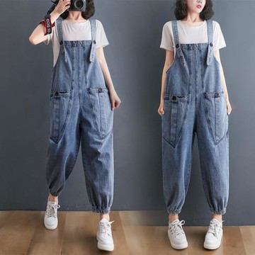 牛仔吊帶連體褲女夏2024新款寬松顯瘦背帶褲韓版大碼百搭束腳長褲