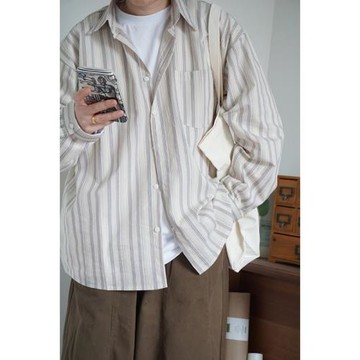 南方公園／復古百搭條紋設計 順滑手感 男女寬松休閑長袖襯衫