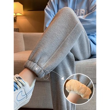 加絨加厚運動褲女秋冬2026新款仿羊羔絨小個子華夫格寬松束腳衛褲