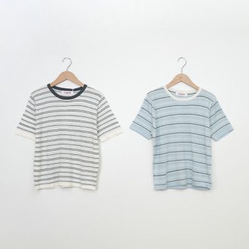 【CUMAR】夏季質感撞色條紋短袖針織上衣 藍 杏 (魅力商品)