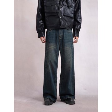 PLAN1ONE泥染寬松直筒復古微喇叭重磅做舊牛仔褲男女深藍水洗長褲