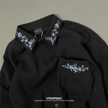 STRAPPING刺繡花邊滌綸美式繡花短袖襯衫日系復古男女INS寬松文藝