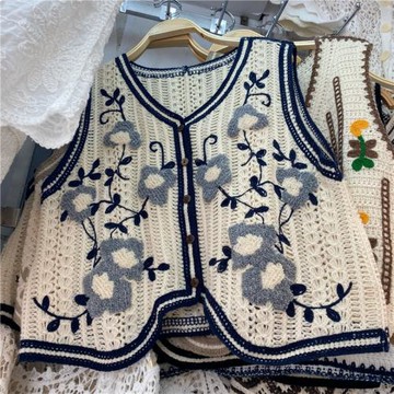 復古花朵鏤空刺繡針織馬甲女短款開衫春夏寬松背心外穿坎肩外搭潮