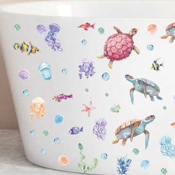 WA. WALL ART 防水PVC無痕設計壁貼 FX-D357  海底世界 + 烏龜 多色  90 x 30cm