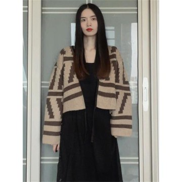 超好看撞色v領羊毛針織開衫女秋季寬松顯瘦短款綁帶毛衣外套上衣