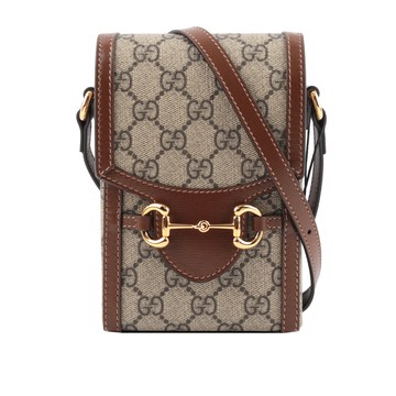 GUCCI Horsebit 1955 GG Supreme帆布手機斜背包(棕色)