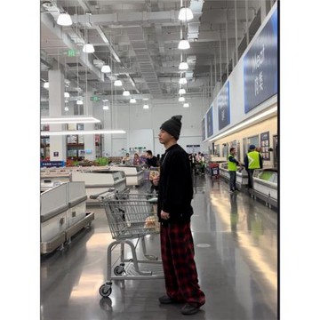 王嘉爾同款美式復古紅色格子褲松緊腰直筒休閑寬松時尚百搭長褲潮