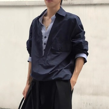 老錢風青少年潮流假兩件襯衫男女純色拼接撞色寬松休閑長袖上衣服鑫弘-衣錦男裝